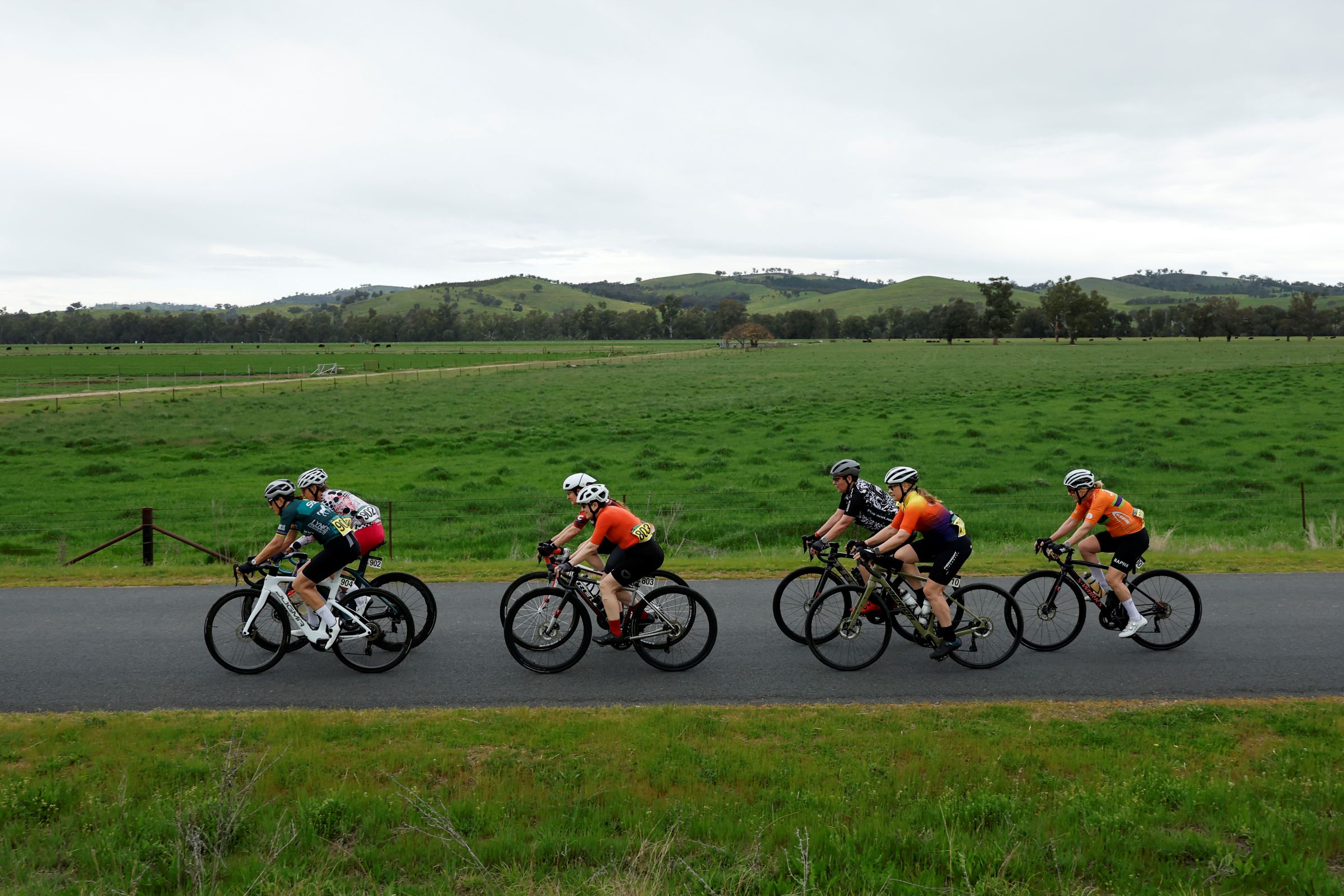 A small group during the women's masters road race at the 2025 AusCycling Junior and Masters Road National Championships